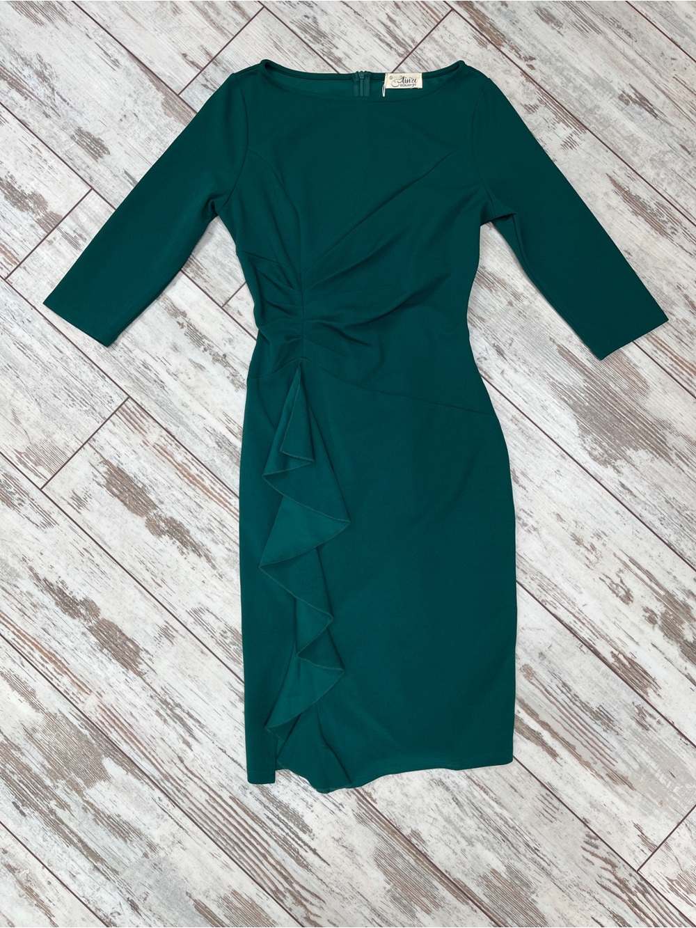 AISIZE Dark Green Ruched Sheath Dress Asymmetric Ruffle 3/4 Sleeve Small NWT - Picture 14 of 16